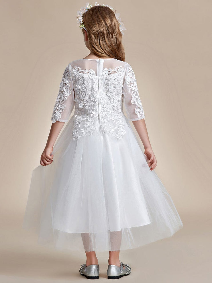 Flower Girl Dress in embroidered lace and tulle with mid-length sleeves