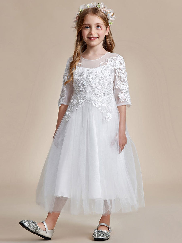 Flower Girl Dress in embroidered lace and tulle with mid-length sleeves