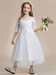 Flower Girl Dress in embroidered lace and tulle with mid-length sleeves