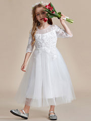 Flower Girl Dress in embroidered lace and tulle with mid-length sleeves