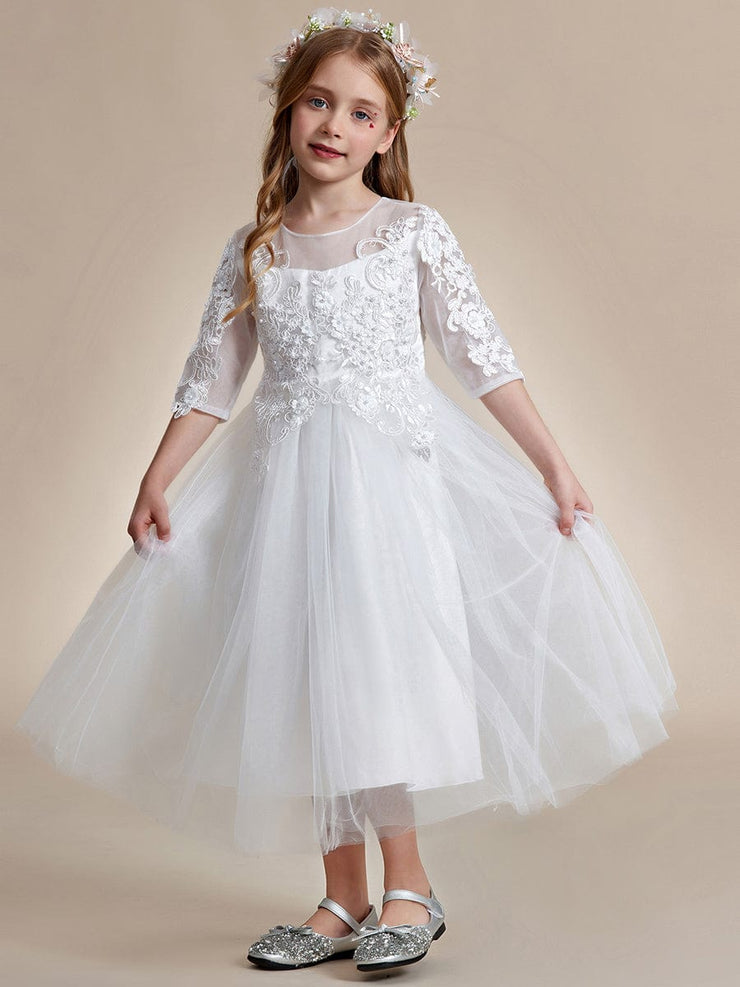 Flower Girl Dress in embroidered lace and tulle with mid-length sleeves