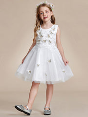 Butterfly Embroidered Sleeveless Tulle Flower Girl Dress