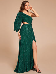 Custom Size One Shoulder Bodycon Slit Sequin Floor Length Formal Evening Dress