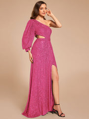 Custom Size One Shoulder Bodycon Slit Sequin Floor Length Formal Evening Dress