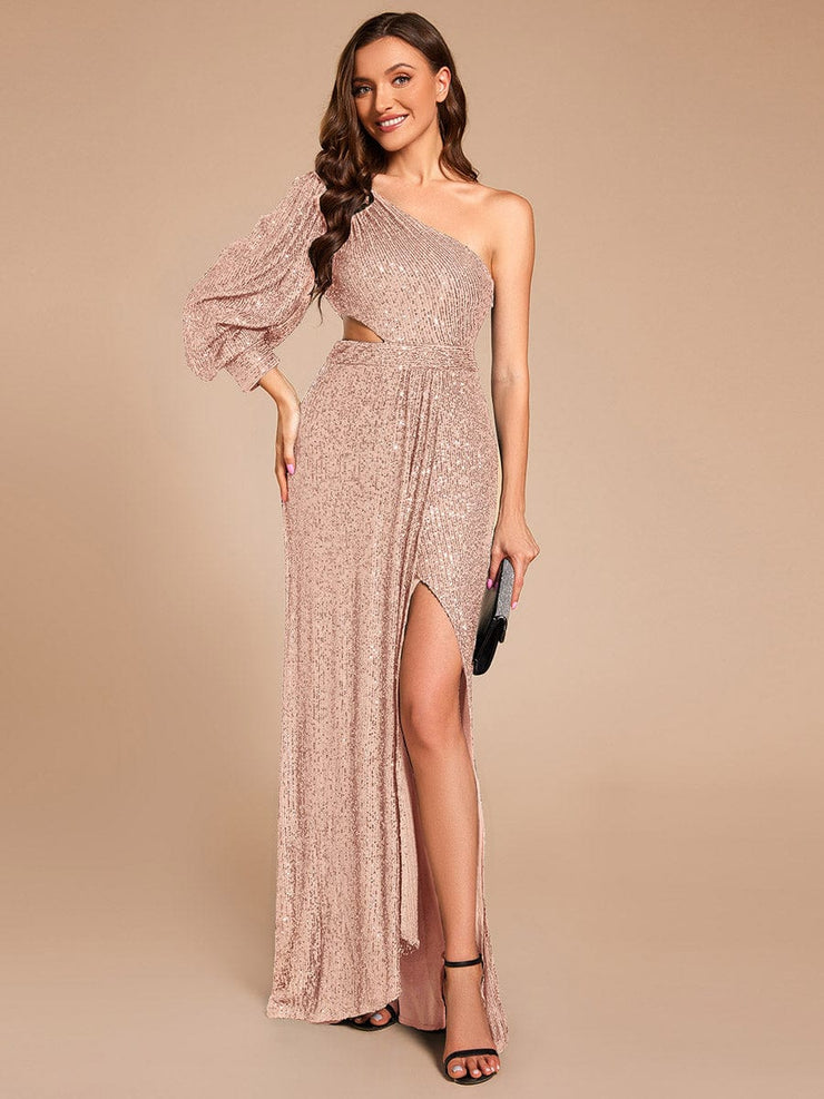 Custom Size One Shoulder Bodycon Slit Sequin Floor Length Formal Evening Dress