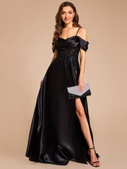 Custom Size A-line Sweetheart Neckline Spaghetti Straps Appliques Satin Evening Dress