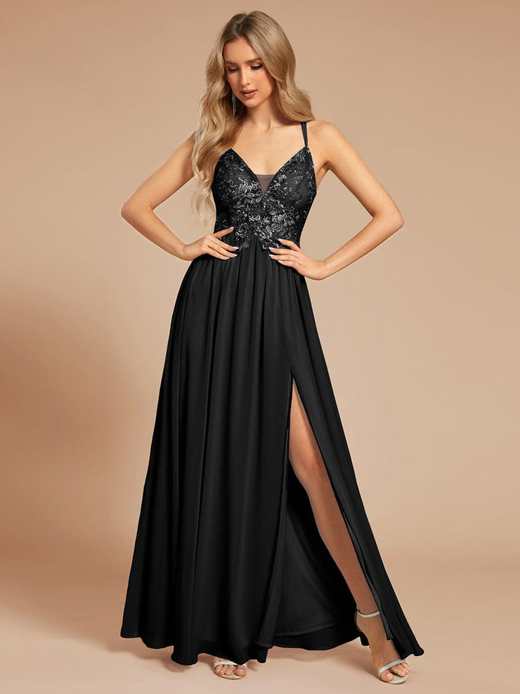 Custom Size A-line Appliqued V-neck Maxi Lace Prom Dress with Adjustable Straps