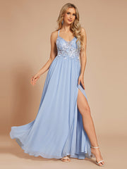 Custom Size A-line Appliqued V-neck Maxi Lace Prom Dress with Adjustable Straps