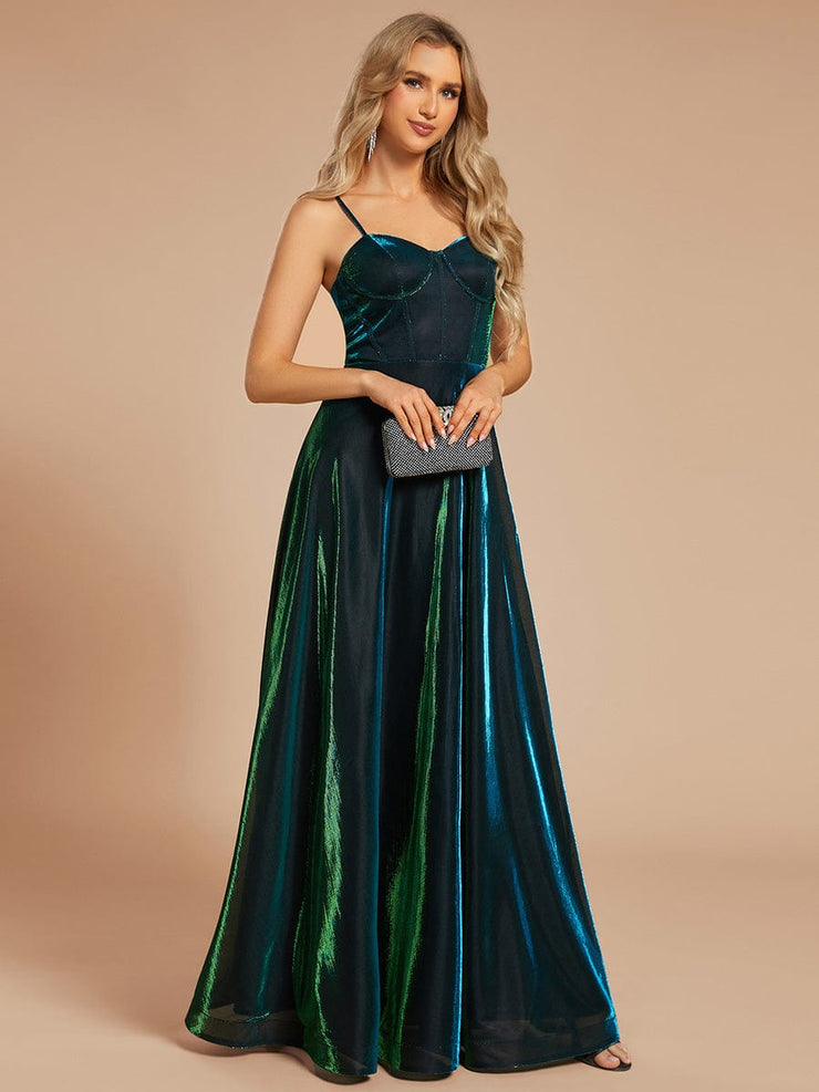 Custom Size Iridescent Mesh Spaghetti Strap V-neck A-line Prom Dress