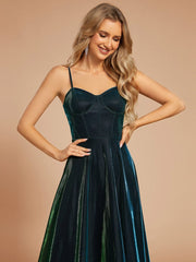 Custom Size Iridescent Mesh Spaghetti Strap V-neck A-line Prom Dress