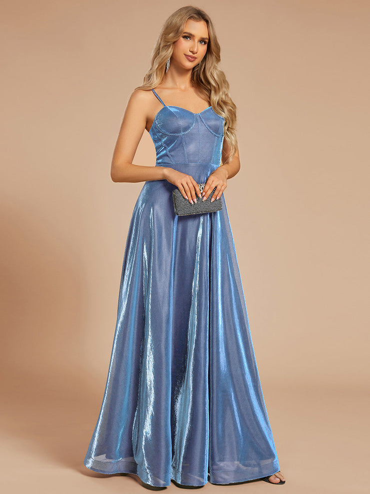 Custom Size Iridescent Mesh Spaghetti Strap V-neck A-line Prom Dress