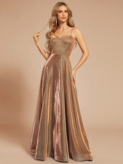 Custom Size Iridescent Mesh Spaghetti Strap V-neck A-line Prom Dress