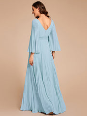 Custom Size Deep V-neck A-line Ruffles Sleeves Floor Length Chiffon Evening Dress