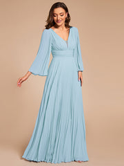 Custom Size Deep V-neck A-line Ruffles Sleeves Floor Length Chiffon Evening Dress