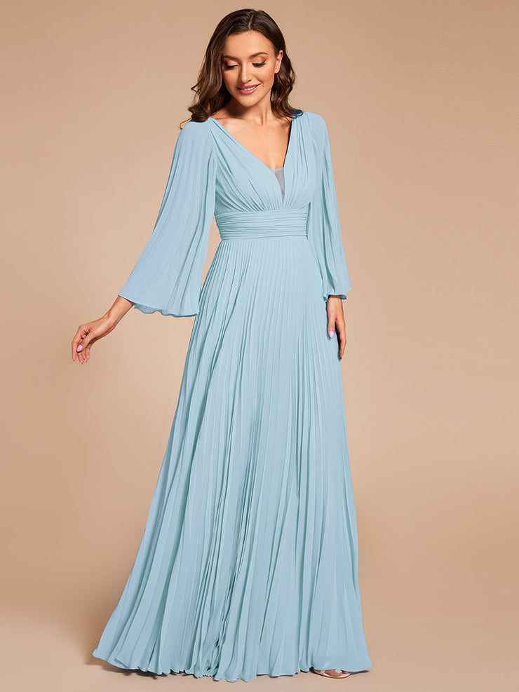 Custom Size Deep V-neck A-line Ruffles Sleeves Floor Length Chiffon Evening Dress