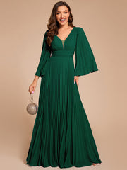 Custom Size Deep V-neck A-line Ruffles Sleeves Floor Length Chiffon Evening Dress