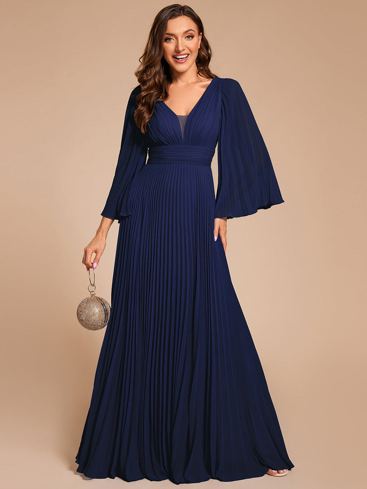 Custom Size Deep V-neck A-line Ruffles Sleeves Floor Length Chiffon Evening Dress