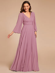 Custom Size Deep V-neck A-line Ruffles Sleeves Floor Length Chiffon Evening Dress