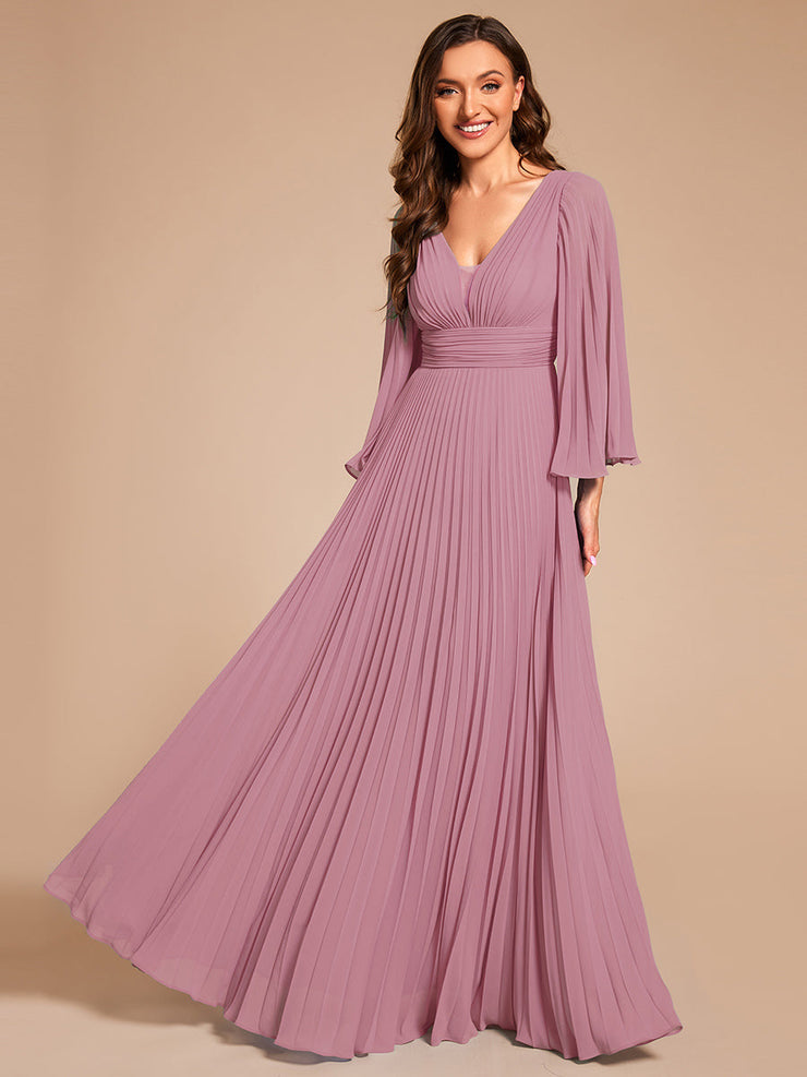 Custom Size Deep V-neck A-line Ruffles Sleeves Floor Length Chiffon Evening Dress