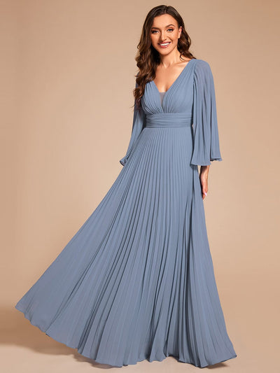 Custom Size Deep V-neck A-line Ruffles Sleeves Floor Length Chiffon Evening Dress