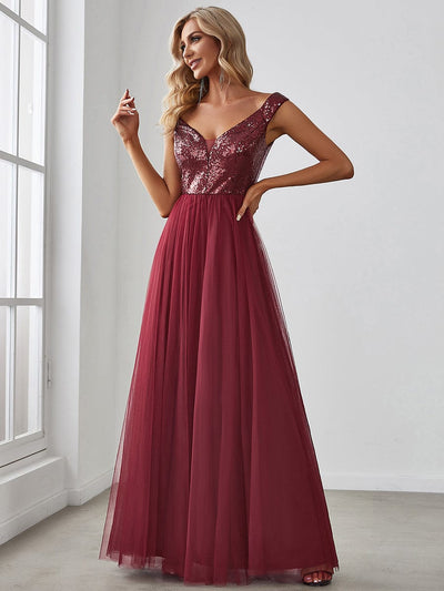 Off Shoulder Tulle & Sequin Sleeveless Evening Dress(Final Sale)