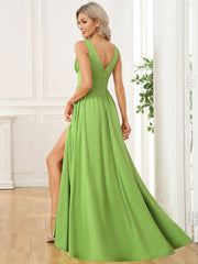 Custom Size V-Neck High Slit Empire Waist Floor-Length Evening Dress