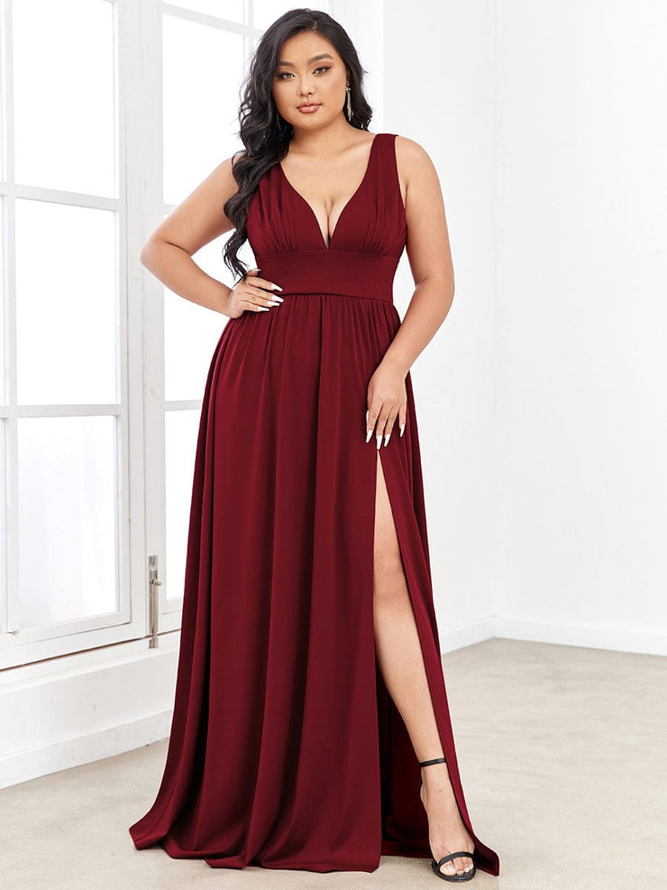 Custom Size V-Neck High Slit Empire Waist Floor-Length Evening Dress