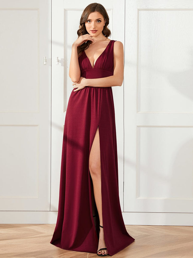 Custom Size V-Neck High Slit Empire Waist Floor-Length Evening Dress