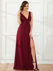 Custom Size V-Neck High Slit Empire Waist Floor-Length Evening Dress