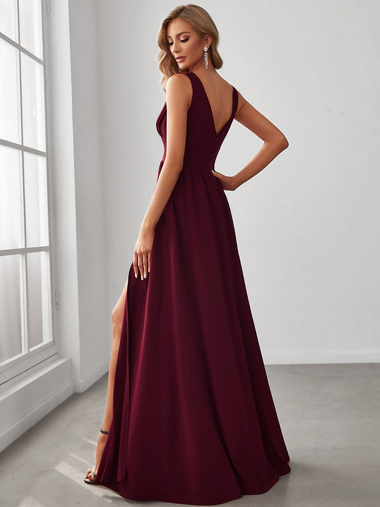 Custom Size V-Neck High Slit Empire Waist Floor-Length Evening Dress