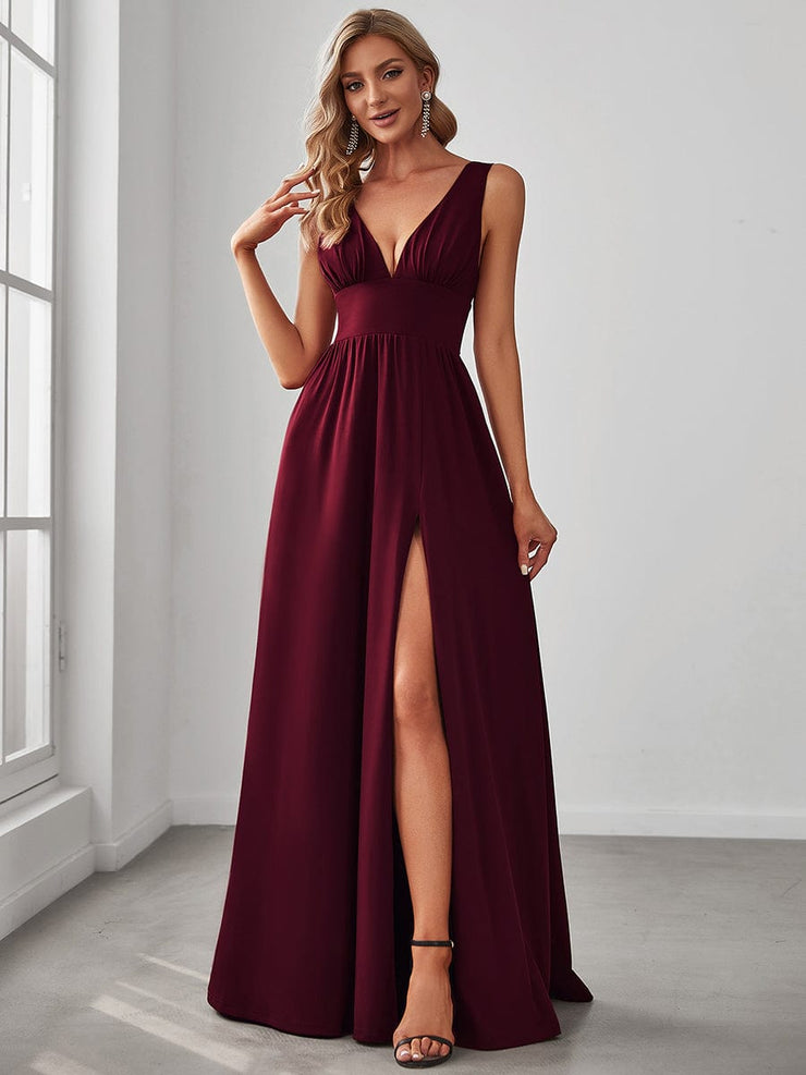 Custom Size V-Neck High Slit Empire Waist Floor-Length Evening Dress