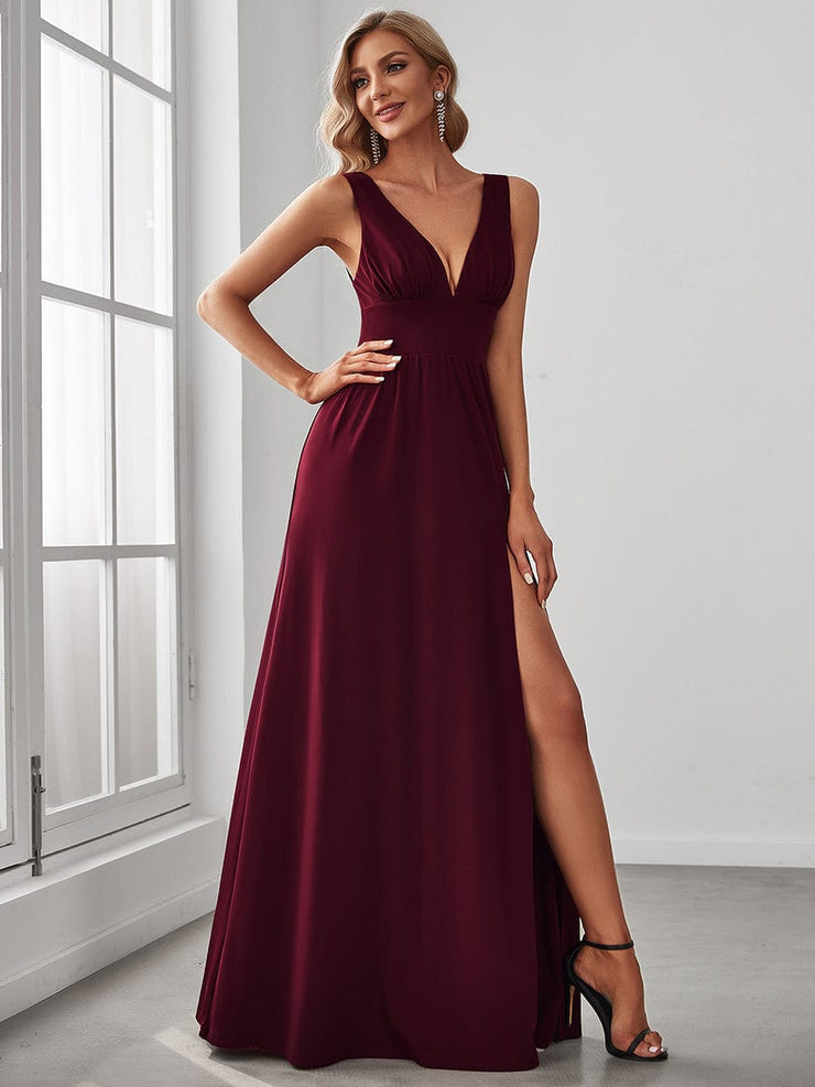 Custom Size V-Neck High Slit Empire Waist Floor-Length Evening Dress