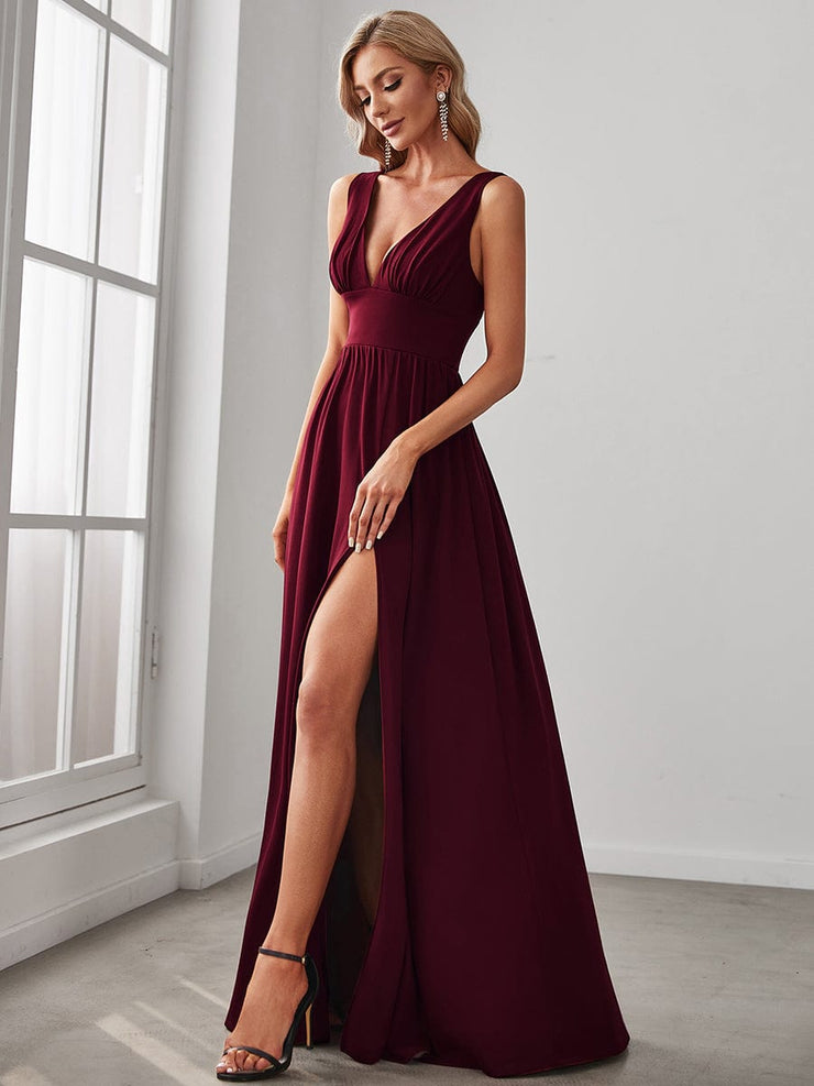 Custom Size V-Neck High Slit Empire Waist Floor-Length Evening Dress