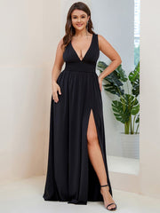 Custom Size V-Neck High Slit Empire Waist Floor-Length Evening Dress