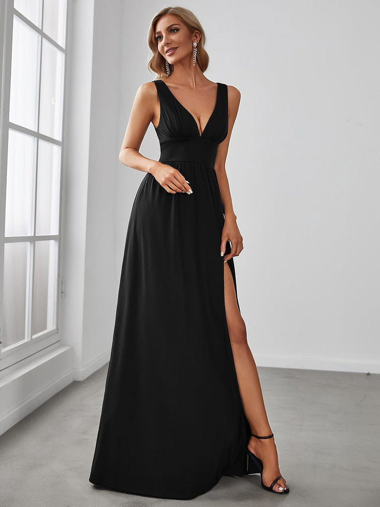 Custom Size V-Neck High Slit Empire Waist Floor-Length Evening Dress