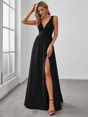 Custom Size V-Neck High Slit Empire Waist Floor-Length Evening Dress