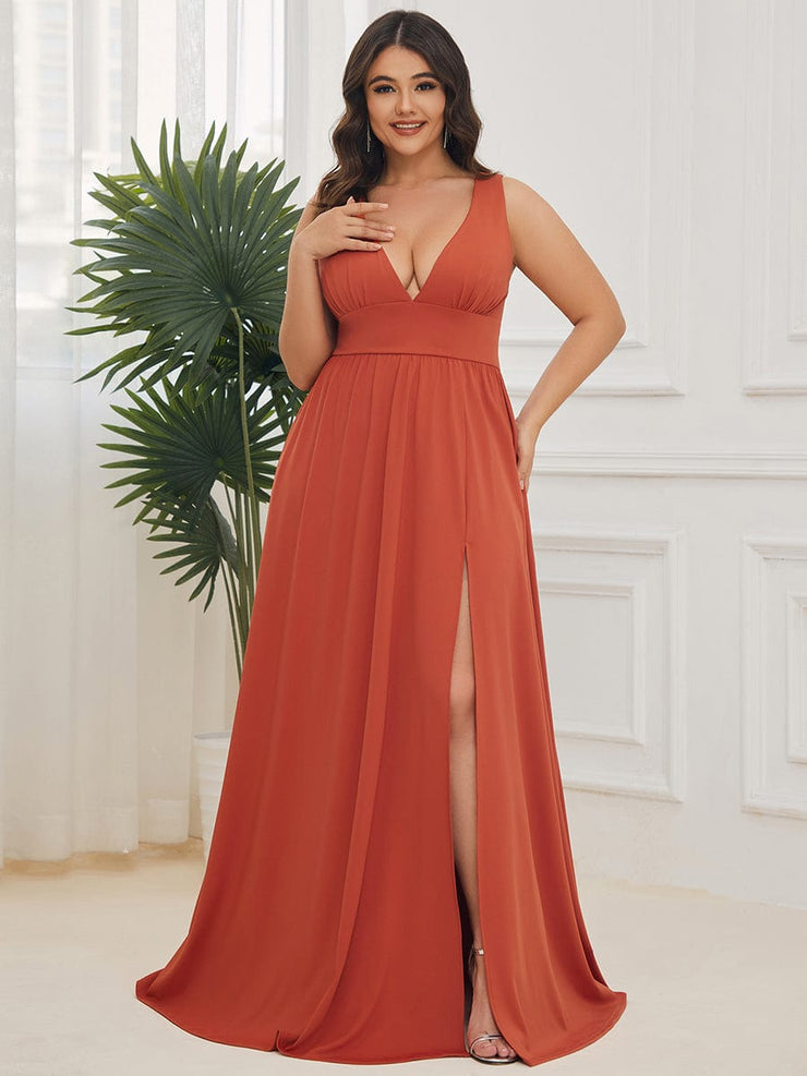 Custom Size V-Neck High Slit Empire Waist Floor-Length Evening Dress