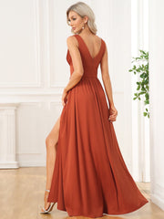 Custom Size V-Neck High Slit Empire Waist Floor-Length Evening Dress