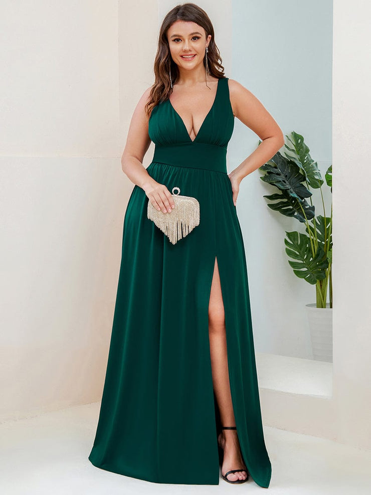 Custom Size V-Neck High Slit Empire Waist Floor-Length Evening Dress