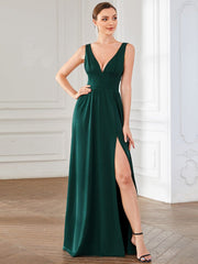 Custom Size V-Neck High Slit Empire Waist Floor-Length Evening Dress