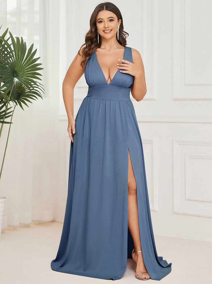 Custom Size V-Neck High Slit Empire Waist Floor-Length Evening Dress