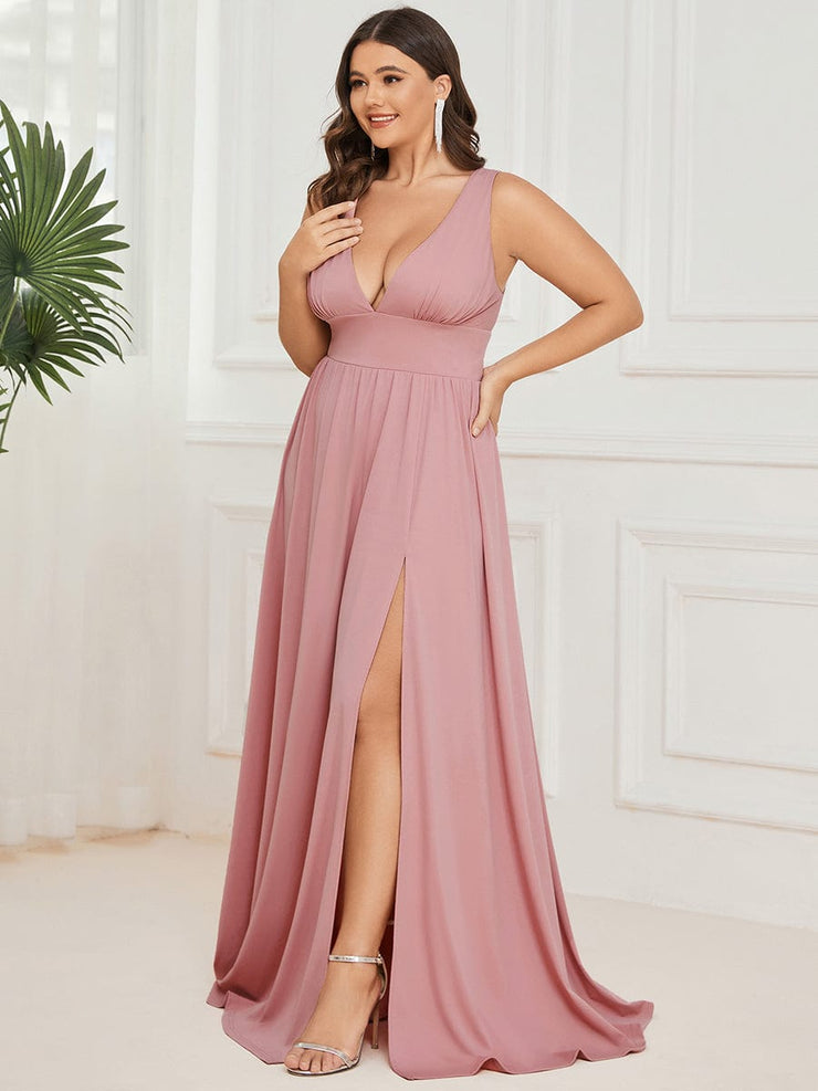 Custom Size V-Neck High Slit Empire Waist Floor-Length Evening Dress