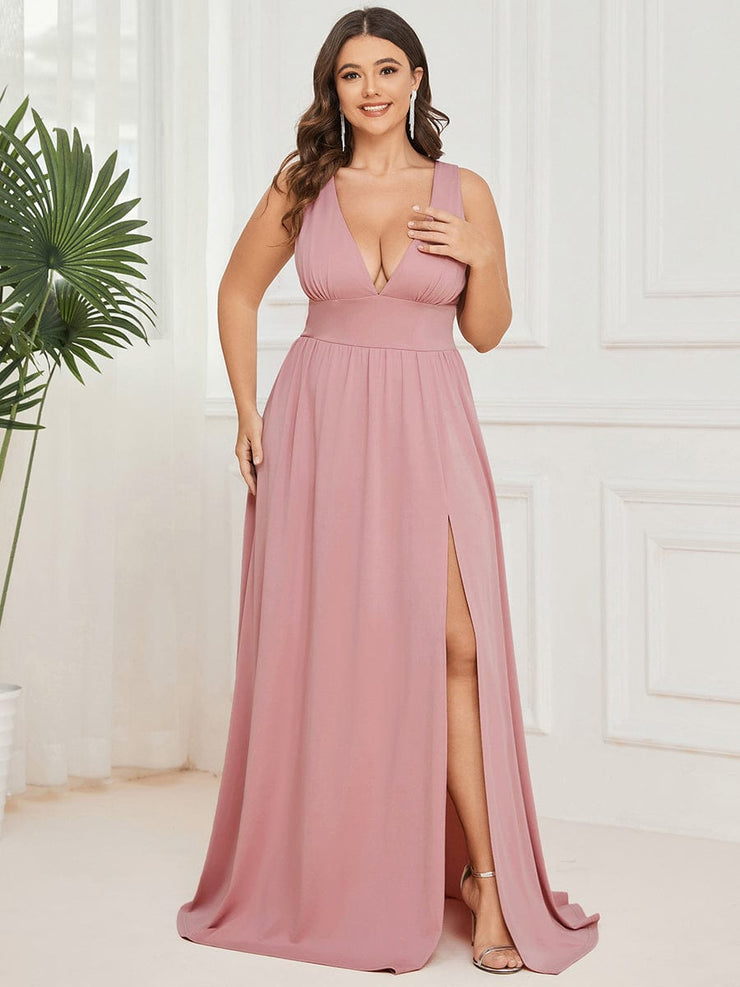 Custom Size V-Neck High Slit Empire Waist Floor-Length Evening Dress