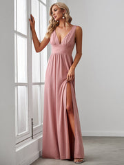 Custom Size V-Neck High Slit Empire Waist Floor-Length Evening Dress