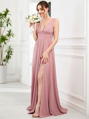 Custom Size V-Neck High Slit Empire Waist Floor-Length Evening Dress