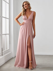 Custom Size V-Neck High Slit Empire Waist Floor-Length Evening Dress