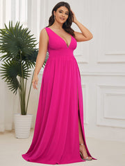 Custom Size V-Neck High Slit Empire Waist Floor-Length Evening Dress