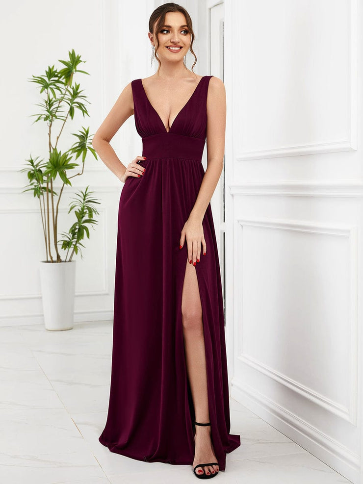 Custom Size V-Neck High Slit Empire Waist Floor-Length Evening Dress