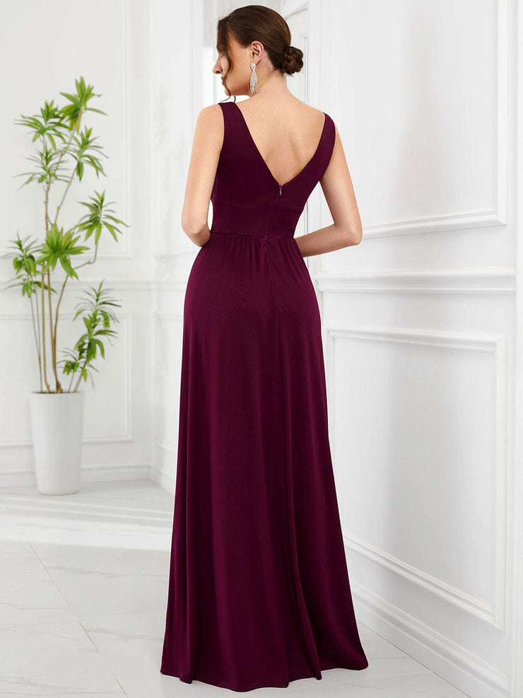 Custom Size V-Neck High Slit Empire Waist Floor-Length Evening Dress