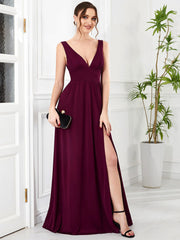 Custom Size V-Neck High Slit Empire Waist Floor-Length Evening Dress